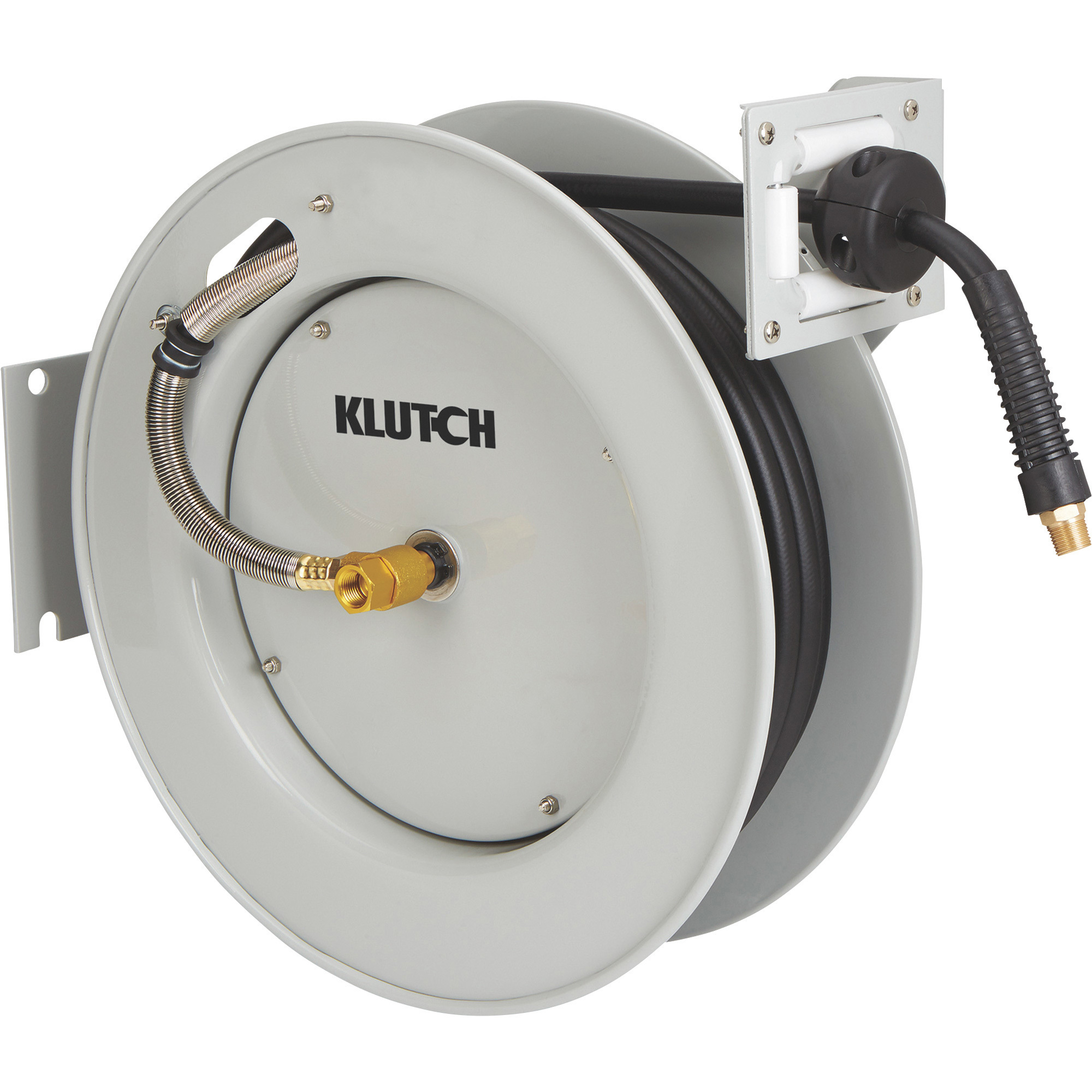 Klutch Auto-Rewind Air Hose Reel, with 3/8in. x 50ft. Hybrid Polymer Hose, 300 Max. PSI
